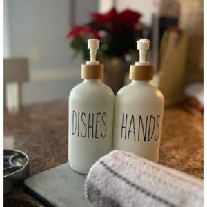 New White Soap Dispenser Set, Contains Glass Hand /Dish Soap Dispenser